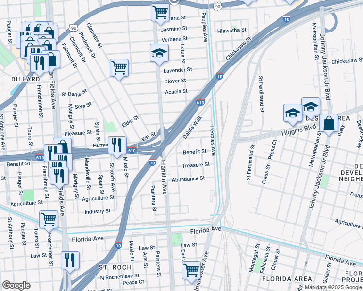 map of restaurants, bars, coffee shops, grocery stores, and more near 2649 Dahlia Walk in New Orleans