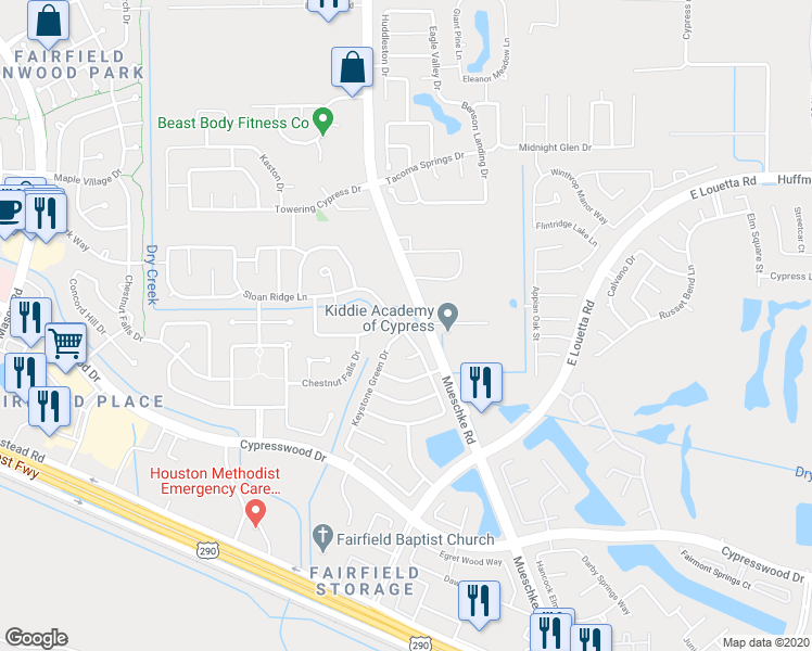 map of restaurants, bars, coffee shops, grocery stores, and more near 14802 Fir Knoll Way in Cypress