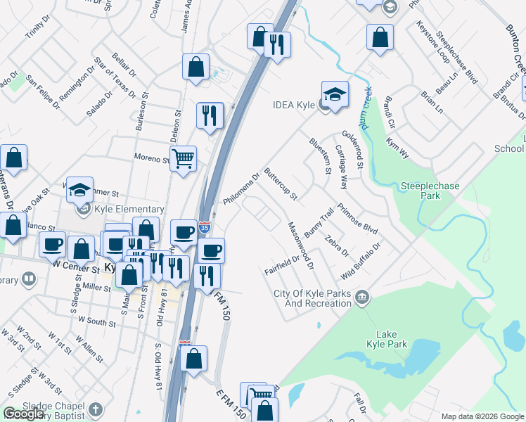 map of restaurants, bars, coffee shops, grocery stores, and more near 190 Masonwood Drive in Kyle
