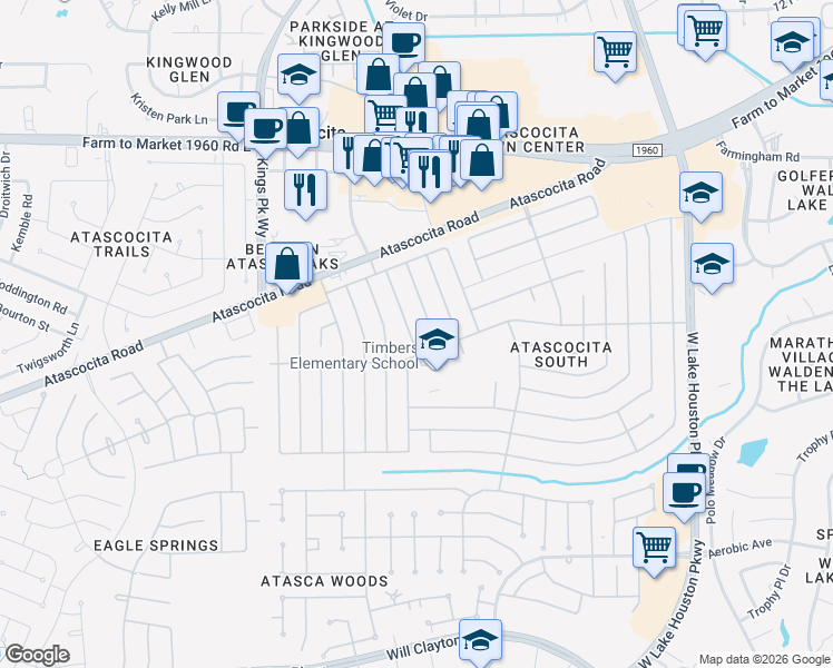 map of restaurants, bars, coffee shops, grocery stores, and more near 18930 Forest Trace Drive in Humble