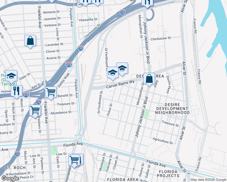 map of restaurants, bars, coffee shops, grocery stores, and more near 2900 Higgins Court in New Orleans