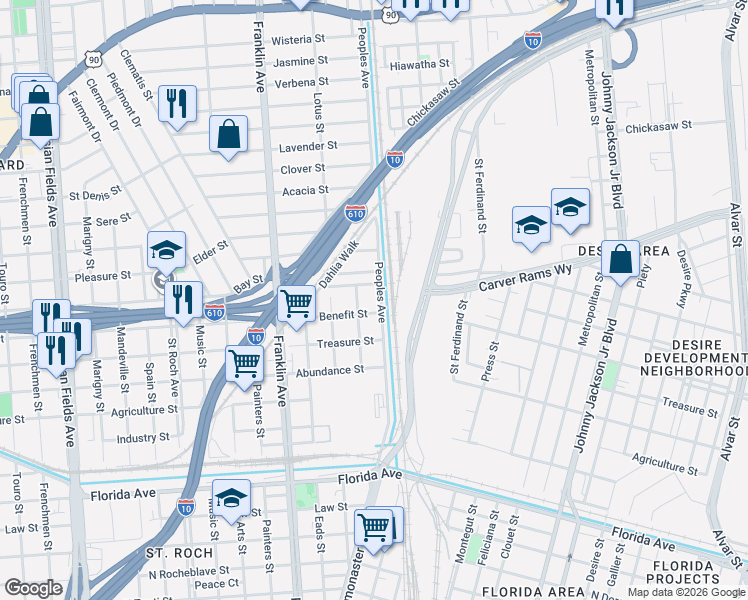 map of restaurants, bars, coffee shops, grocery stores, and more near 3234 Peoples Avenue in New Orleans