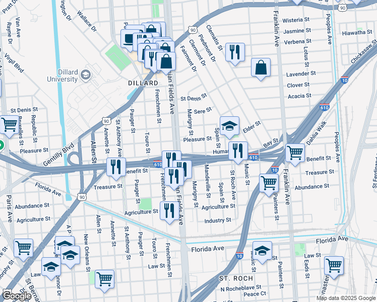 map of restaurants, bars, coffee shops, grocery stores, and more near 3325 Marigny Street in New Orleans