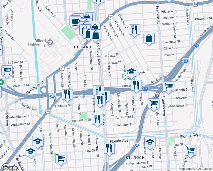 map of restaurants, bars, coffee shops, grocery stores, and more near 3327 Elysian Fields Avenue in New Orleans