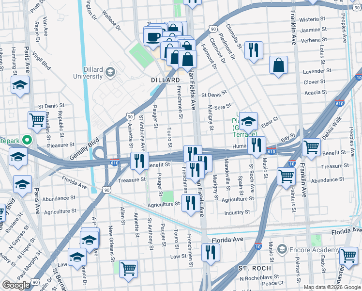 map of restaurants, bars, coffee shops, grocery stores, and more near 3329 Frenchmen Street in New Orleans