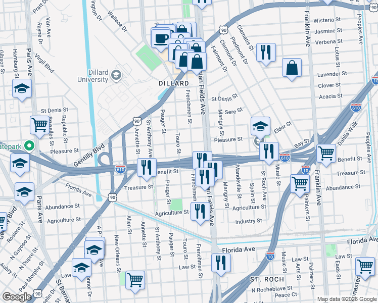 map of restaurants, bars, coffee shops, grocery stores, and more near 3329 Frenchmen Street in New Orleans