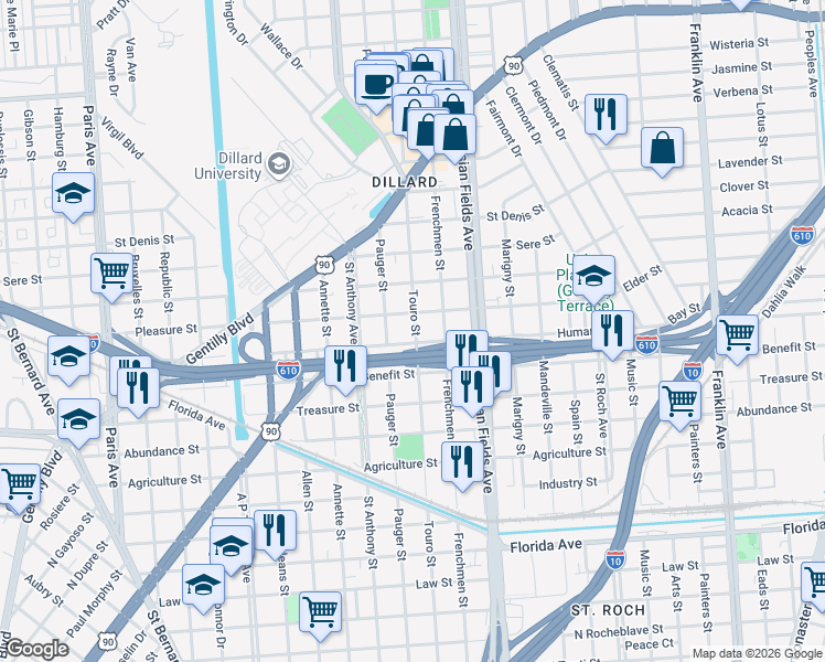 map of restaurants, bars, coffee shops, grocery stores, and more near 2060 Pleasure Street in New Orleans