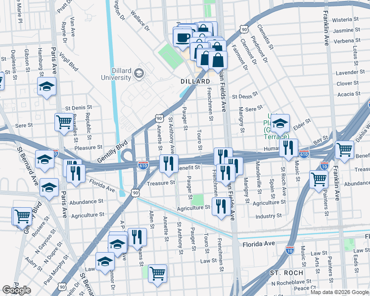 map of restaurants, bars, coffee shops, grocery stores, and more near 3343 Saint Anthony Avenue in New Orleans