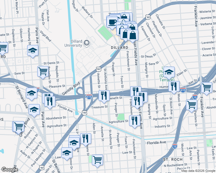 map of restaurants, bars, coffee shops, grocery stores, and more near 3343 Saint Anthony Avenue in New Orleans