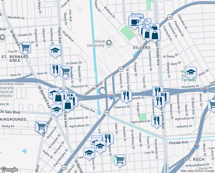 map of restaurants, bars, coffee shops, grocery stores, and more near 3400 Allen Street in New Orleans