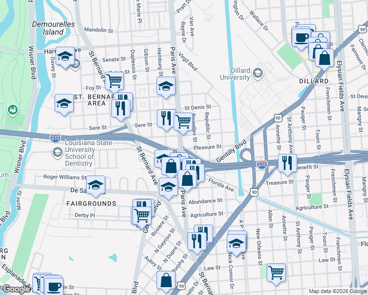 map of restaurants, bars, coffee shops, grocery stores, and more near 1606 Pleasure Street in New Orleans