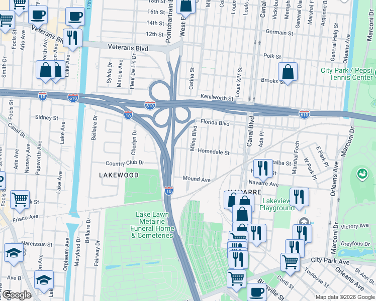 map of restaurants, bars, coffee shops, grocery stores, and more near 301 Homedale Street in New Orleans