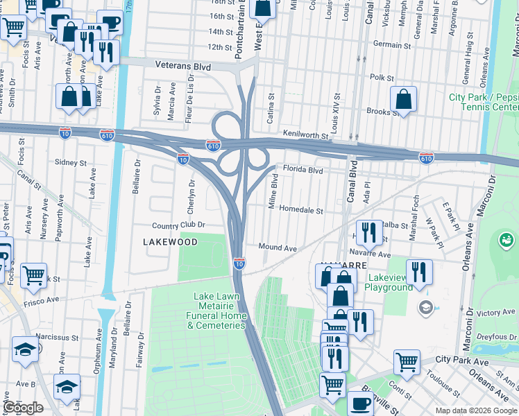 map of restaurants, bars, coffee shops, grocery stores, and more near 5603 West End Boulevard in New Orleans