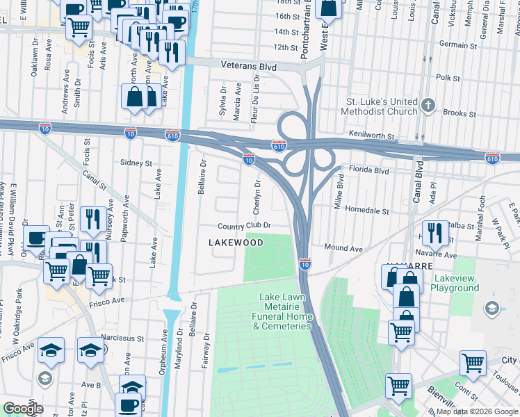 map of restaurants, bars, coffee shops, grocery stores, and more near 118 Oak Tree Drive in New Orleans