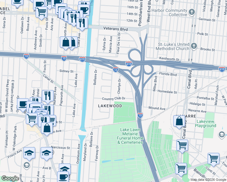 map of restaurants, bars, coffee shops, grocery stores, and more near 5565 Marcia Avenue in New Orleans