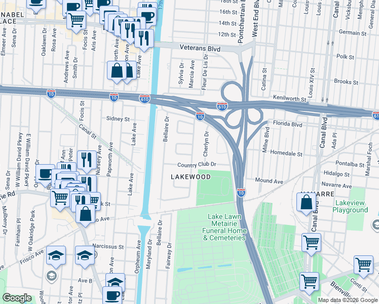 map of restaurants, bars, coffee shops, grocery stores, and more near 5565 Marcia Avenue in New Orleans