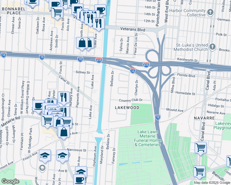 map of restaurants, bars, coffee shops, grocery stores, and more near 5561 Jacquelyn Court in New Orleans