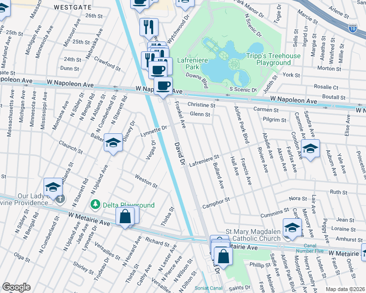map of restaurants, bars, coffee shops, grocery stores, and more near 1717 David Drive in Metairie