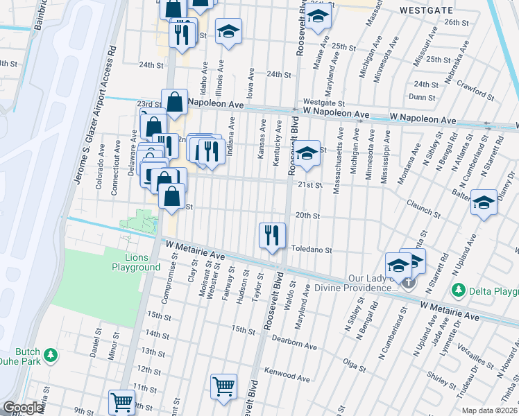 map of restaurants, bars, coffee shops, grocery stores, and more near 2008 Kansas Avenue in Kenner