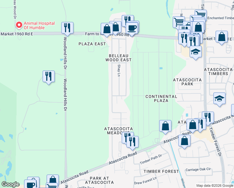 map of restaurants, bars, coffee shops, grocery stores, and more near 18710 Shay Lane in Humble