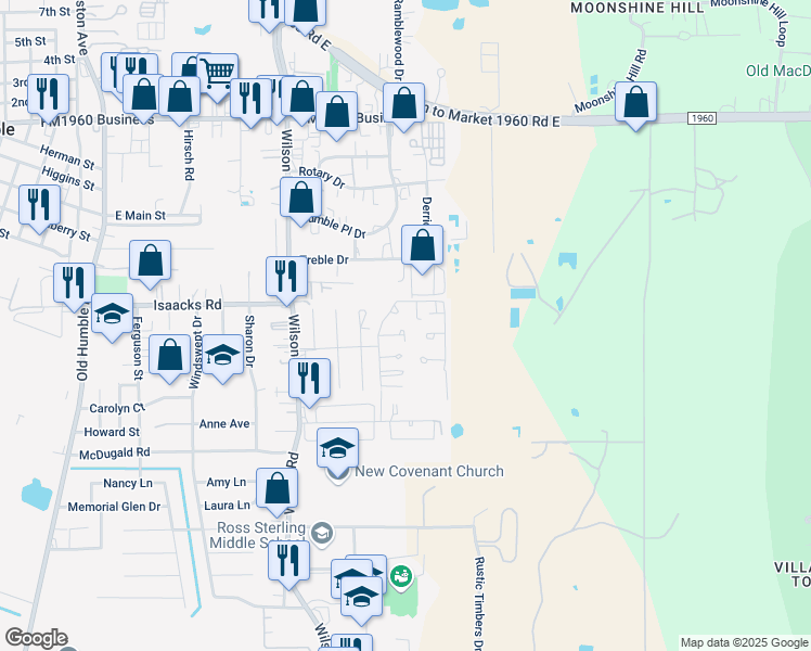 map of restaurants, bars, coffee shops, grocery stores, and more near 1919 Intercontinental Boulevard in Humble