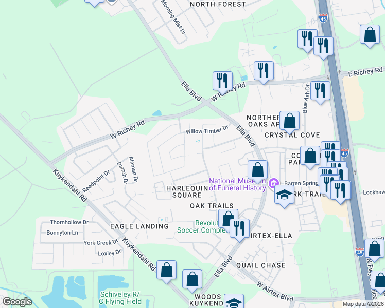 map of restaurants, bars, coffee shops, grocery stores, and more near 814 Rough Cut Court in Houston