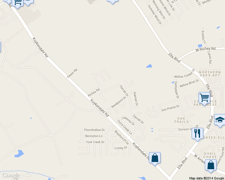 map of restaurants, bars, coffee shops, grocery stores, and more near 1227 Newsome Glenn Drive in Houston