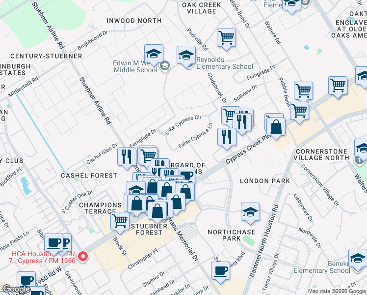 map of restaurants, bars, coffee shops, grocery stores, and more near 4203 False Cypress Lane in Houston