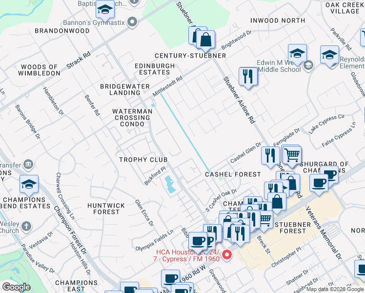 map of restaurants, bars, coffee shops, grocery stores, and more near 14530 Bending Maple Drive in Houston