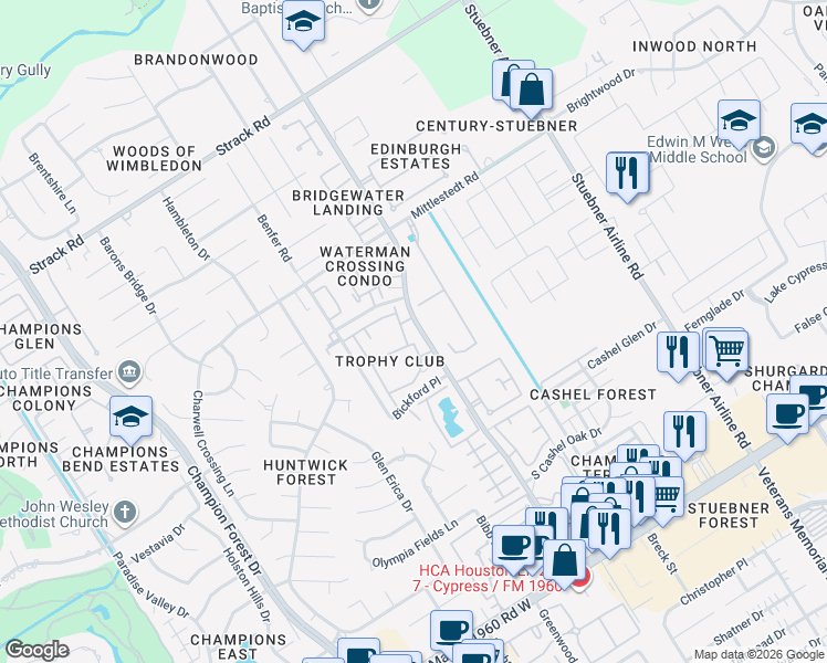 map of restaurants, bars, coffee shops, grocery stores, and more near 14519 Vista Reach Lane in Houston