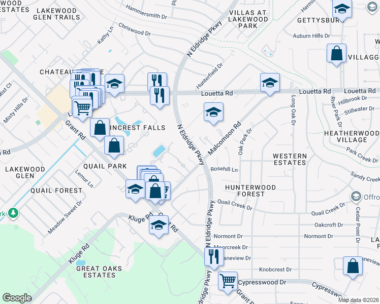 map of restaurants, bars, coffee shops, grocery stores, and more near 15055 North Eldridge Parkway in Cypress