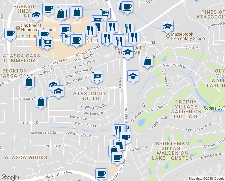 map of restaurants, bars, coffee shops, grocery stores, and more near 18831 Jodywood Drive in Humble