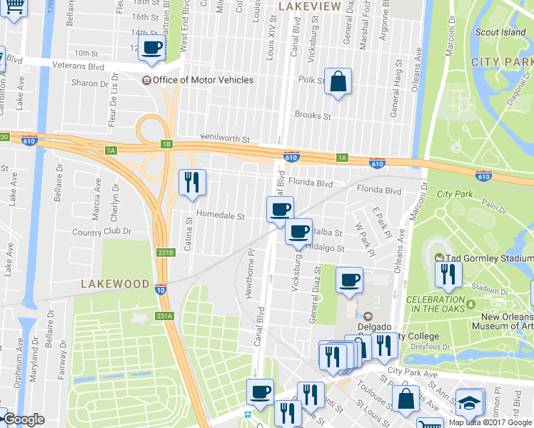 map of restaurants, bars, coffee shops, grocery stores, and more near 5640 Canal Boulevard in New Orleans