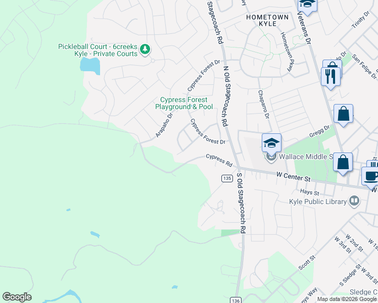map of restaurants, bars, coffee shops, grocery stores, and more near 249 Cibola Drive in Kyle