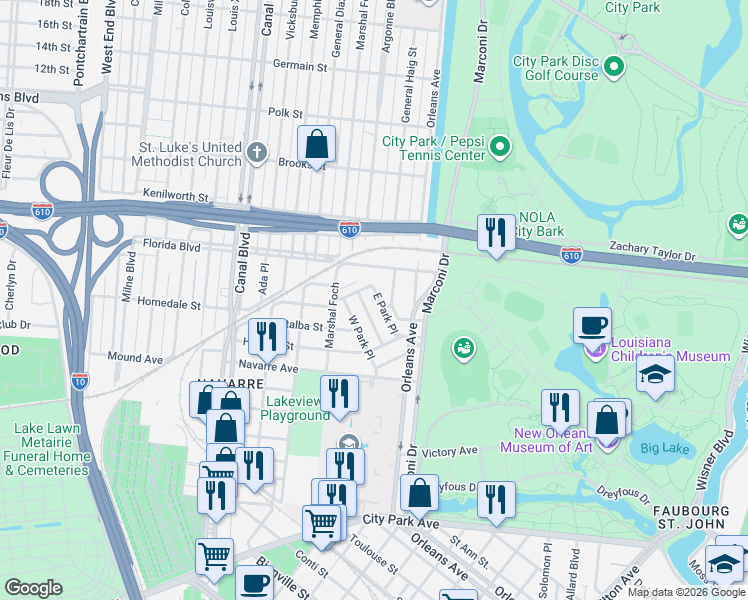 map of restaurants, bars, coffee shops, grocery stores, and more near 83 East Park Place in New Orleans