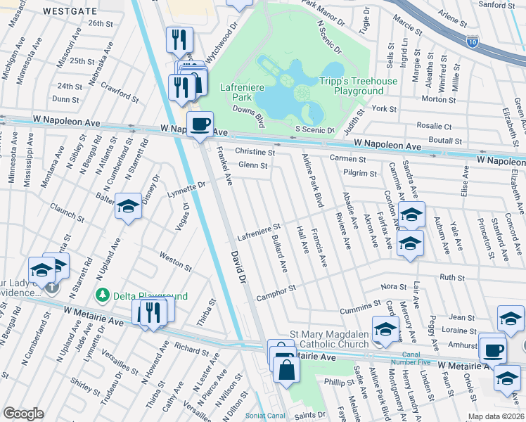 map of restaurants, bars, coffee shops, grocery stores, and more near 1808 Eisenhower Avenue in Metairie