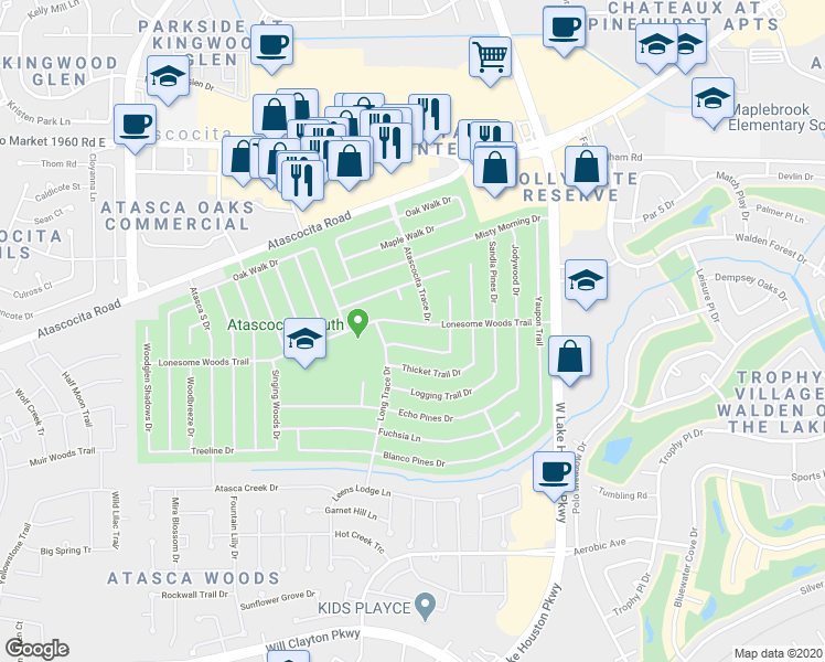 map of restaurants, bars, coffee shops, grocery stores, and more near 7230 Lonesome Woods Trail in Humble