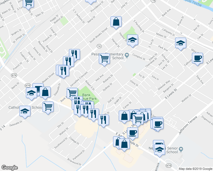 map of restaurants, bars, coffee shops, grocery stores, and more near 910 Sydney Street in New Iberia