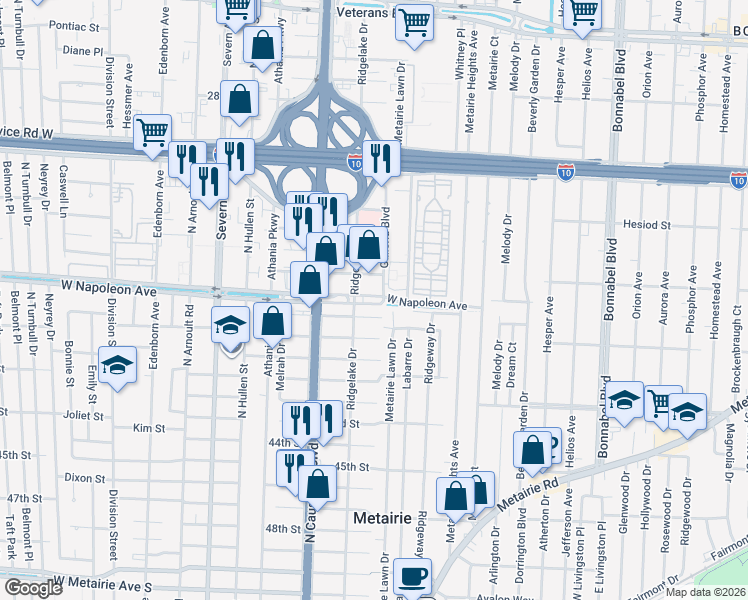 map of restaurants, bars, coffee shops, grocery stores, and more near 3005 West Napoleon Avenue in Metairie