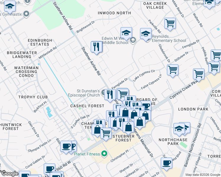 map of restaurants, bars, coffee shops, grocery stores, and more near 14403 Stuebner Airline Road in Houston