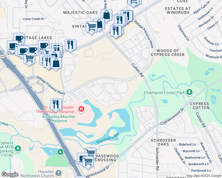 map of restaurants, bars, coffee shops, grocery stores, and more near 11166 Vintage Preserve Parkway in Houston