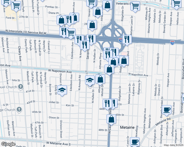 map of restaurants, bars, coffee shops, grocery stores, and more near in Metairie