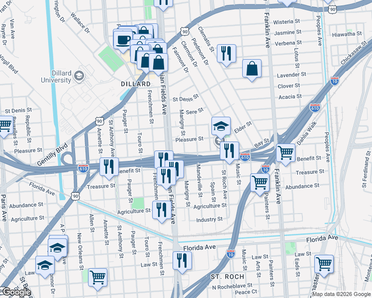 map of restaurants, bars, coffee shops, grocery stores, and more near 3325 Marigny Street in New Orleans