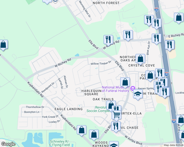 map of restaurants, bars, coffee shops, grocery stores, and more near 814 Rough Cut Court in Houston
