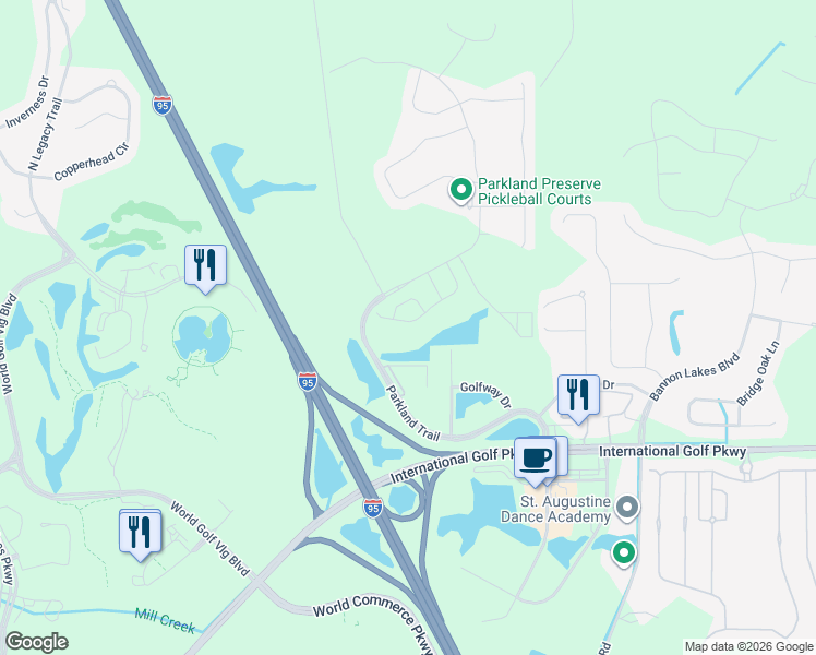 map of restaurants, bars, coffee shops, grocery stores, and more near 29 Egrets Landing Lane in St. Augustine
