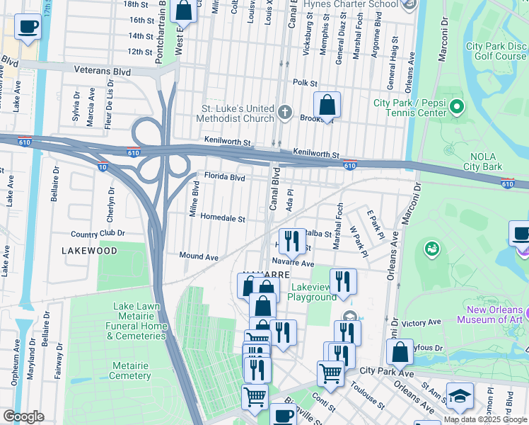map of restaurants, bars, coffee shops, grocery stores, and more near 5622 Canal Boulevard in New Orleans