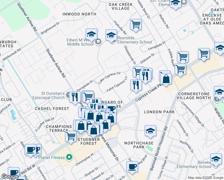 map of restaurants, bars, coffee shops, grocery stores, and more near 4203 False Cypress Lane in Houston
