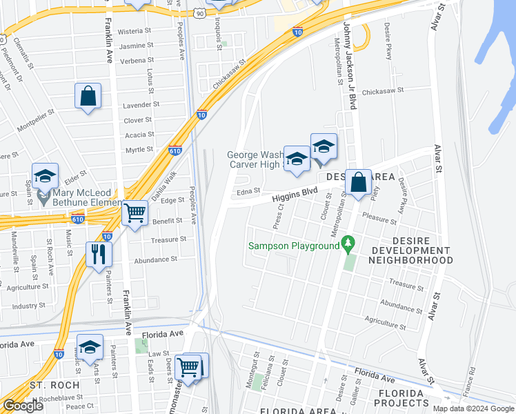 map of restaurants, bars, coffee shops, grocery stores, and more near 2900 Higgins Court in New Orleans