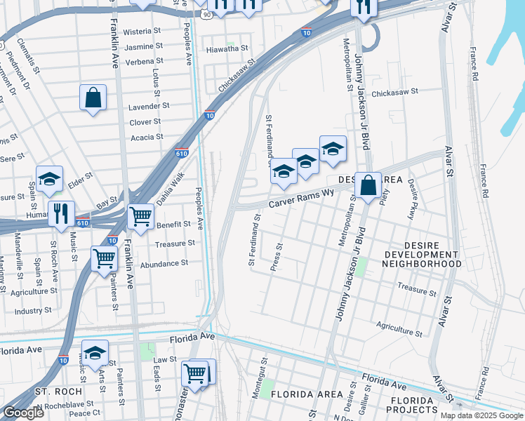 map of restaurants, bars, coffee shops, grocery stores, and more near 2900 Higgins Court in New Orleans