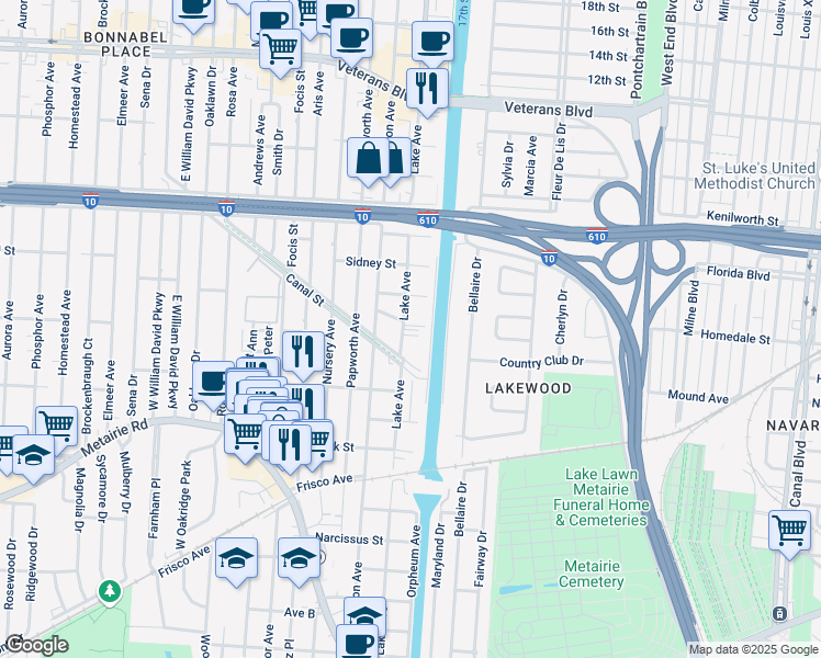 map of restaurants, bars, coffee shops, grocery stores, and more near 99 Locust Street in Metairie